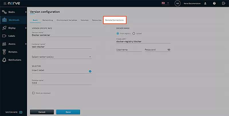 Screenshot of the Nerve Management System: remote connections tab in the workload version configuration screen